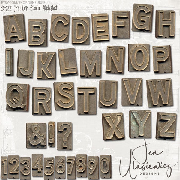 Brass Printer Block Alphabet instant download, printable, digital collage, diary / junk journal, altered art, mixed media, clipart