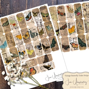 May include: Two sheets of vintage-style butterfly ticket strips. Each strip features a butterfly illustration in various colors, set against a background of aged paper with printed text and numbers. The design includes a white border and the text "Vintage Butterfly Ticket Strips".