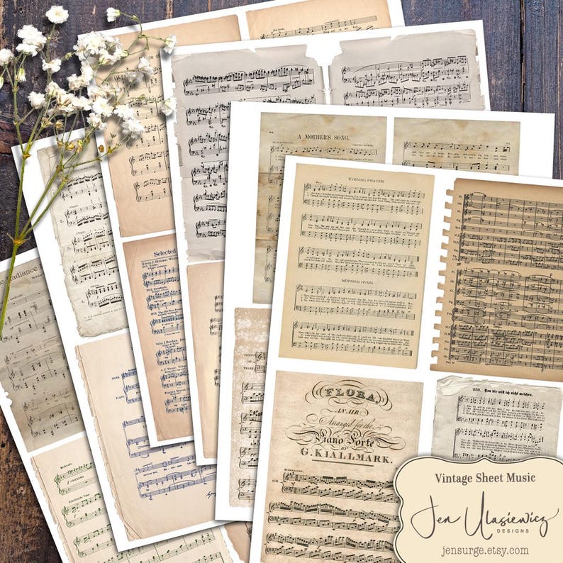 Vintage Sheet Music digital collage sheet for crafts / junk journal / scrapbook / cards / altered art / mixed media / clipart by Jen Ulasiewicz Designs