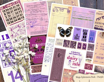 May include: A collection of purple ephemera, including bingo cards, receipts, tickets, and stamps. A butterfly and sprigs of white flowers are also present. The text "Mega Ephemera Pack - Purple" is visible.