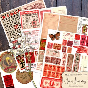 Könnte beinhalten: Eine Sammlung von Vintage-Ephemera in Rot- und Sepiatönen, darunter Bingokarten, Quittungen, Briefmarken und Tickets. Ein Schmetterling und Zweige weißer Blumen sind ebenfalls vorhanden. Der Text "Mega Ephemera Pack - Red" ist sichtbar.