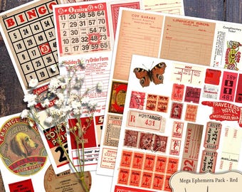 Mega Ephemera Red Pack digital collage sheet for crafts / junk journal / scrapbook / cards / altered art / mixed media / clipart