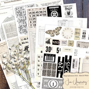 May include: A collection of black and white ephemera, including receipts, tickets, and a crossword puzzle. The image features a butterfly, clock face, and price tags. The text "Mega Ephemera Pack - Black & White" is visible.
