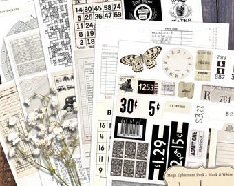 Mega Ephemera Black & White Clipart Pack: Junk Journal, Scrapbook (Digital Download)