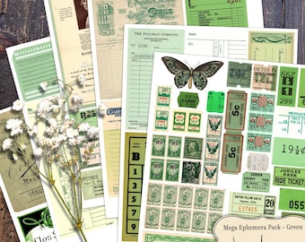 Mega Ephemera Green Pack digital collage sheet for crafts / junk journal / scrapbook / cards / altered art / mixed media / clipart