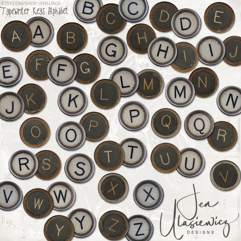 mixed media altered art digital collage diary junk journal Typewriter Keys Alphabet instant download ephemera pack clipart printable
