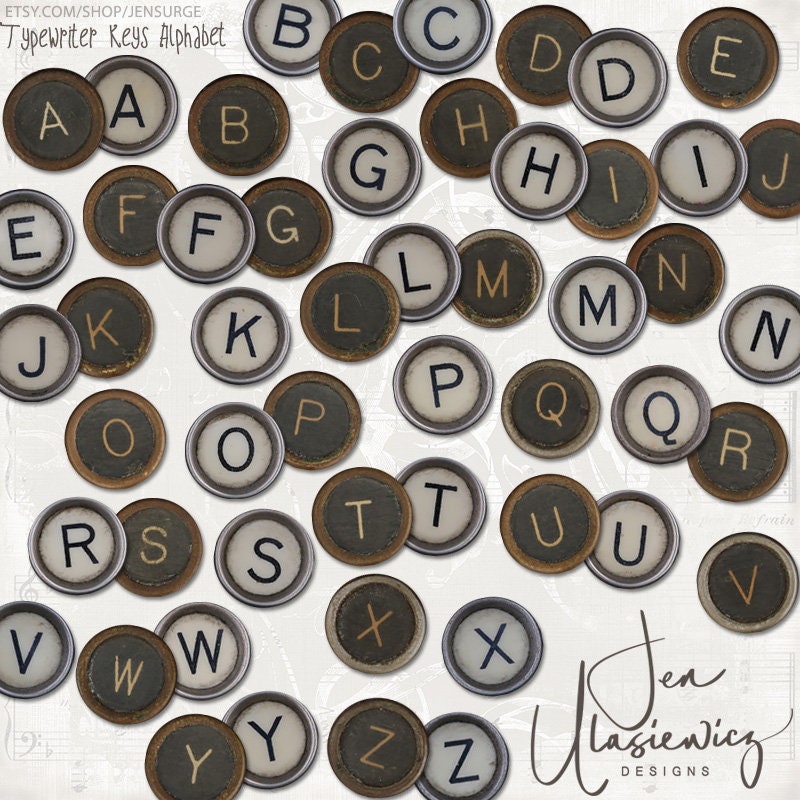 mixed media altered art digital collage diary junk journal Typewriter Keys Alphabet instant download ephemera pack clipart printable