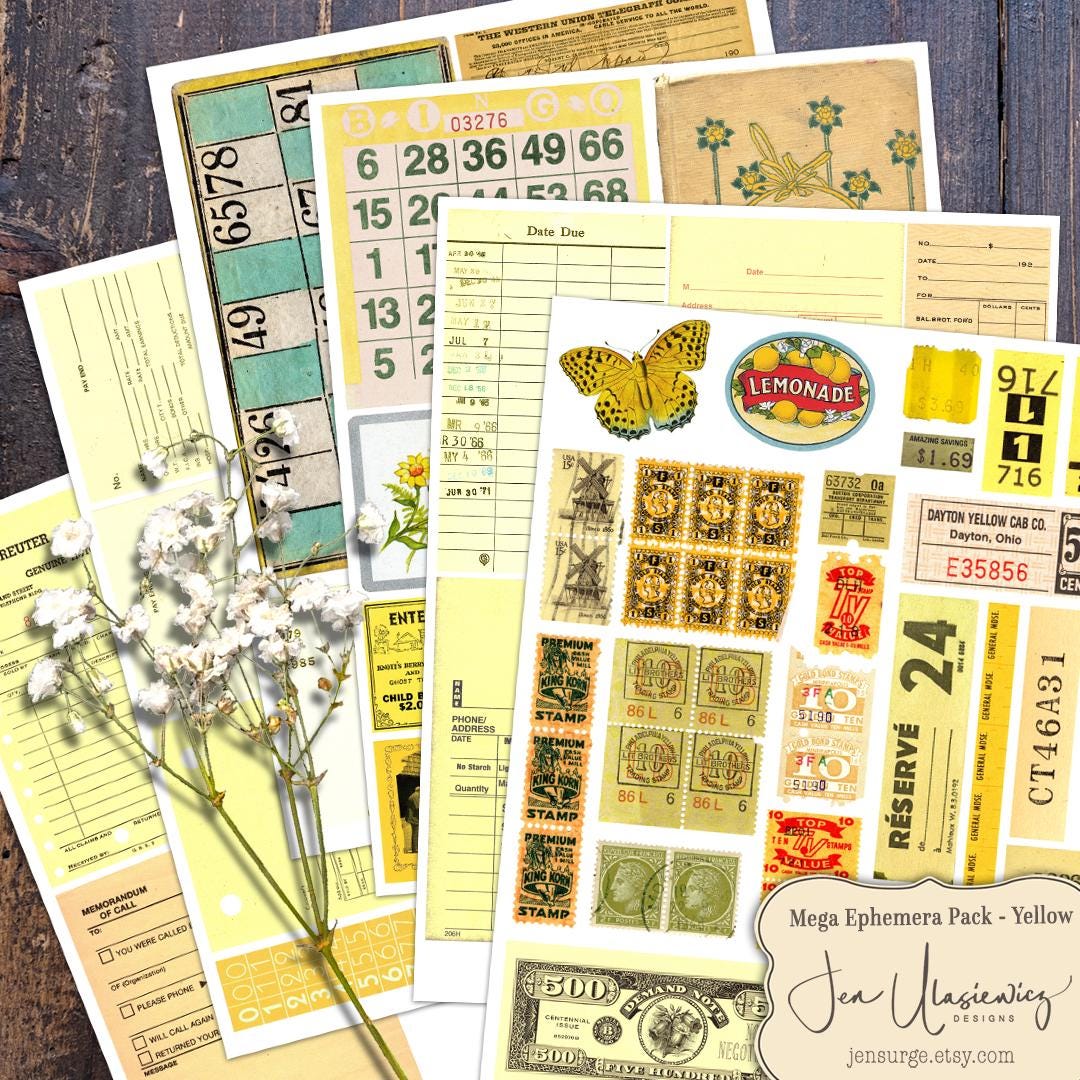 Mega Ephemera Yellow Pack Digital Collage Sheet for Crafts / Junk ...