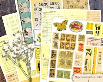Mega Ephemera Yellow Pack digital collage sheet for crafts / junk journal / scrapbook / cards / altered art / mixed media / clipart