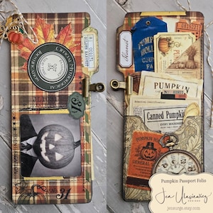 May include: A rectangular paper folio with a plaid pattern featuring a black and white pumpkin image, a circular Official Mythological Passport stamp, and various vintage-style ephemera including pumpkin labels, a clock illustration, and tags.