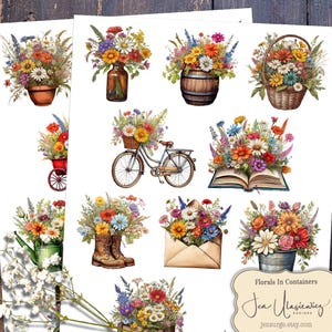 Florals In Containers digital collage sheet for crafts / junk journal / scrapbook / cards / altered art / mixed media / clipart