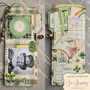 Op de afbeelding: Een handgemaakt Leprechaun Passport Folio met een groen en geruit ontwerp. Het folio bevat een foto, tickets en een klavermotief. Het bevat de tekst "Official Mythological Passport" en "tricks".