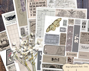 May include: A collection of vintage-style paper ephemera in shades of gray, beige, and white. Includes bingo cards, tickets, stamps, and a butterfly illustration. The text "Mega Ephemera Pack - Grey" is visible.
