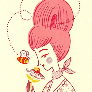 Miss Beehive Limited Edition Gocco Screenprint 1950s Style Illustration Beehive Bird Flower Nursery Decor image 2