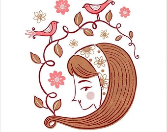 Peut inclure: Une femme aux cheveux bruns avec un bandeau floral est entourée d'une vigne avec des fleurs roses et des oiseaux rouges. L'image est dans un style vintage avec un fond texturé.