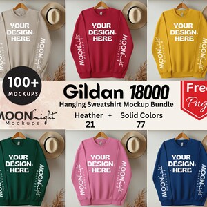 May include: A mockup bundle of 100+ Gildan 18000 hanging sweatshirts in 21 heather and 77 solid colours. The sweatshirts are shown in beige, red, yellow, green, pink, and blue. The text "YOUR DESIGN HERE" is printed on each sweatshirt.