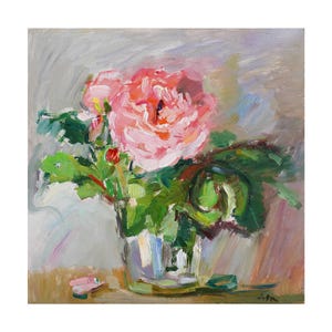 Pink Impressionistic English Roses Original Floral Oil Painting Flower Impressionist Flowers Bright Still Life Vase Paintings Rose Paintings
