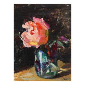 Tender Beauty, Original Floral Oil Painting Flower Impressionist Flowers Small Little Bright Still Life Vase Paintings Roses Pink Rose Black
