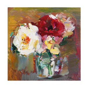 Sunday Roses, Original Floral Oil Painting Flower Impressionist Flowers Small Bright Still Life Vase Paintings White Pink Rose Red Abstract