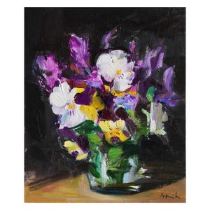 Tender Pansies & Lavender Pintura a óleo floral original Flores de jardim Impressionista Natureza morta Branco Amarelo Roxo Violeta Viola Pansy Brilhante