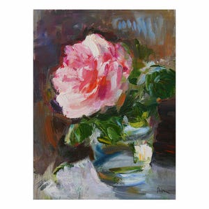 Rose in the Morning Light, Original Floral Oil Painting Flower Impressionist Flowers Abstract Small Little Bright Still Life Roses Pink Vase