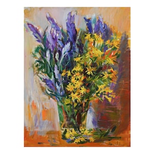 Yellow Wildflowers and Lavender from the Fields Original Floral Oil Painting Impressionist Still Life Paintings Blue Small Flowers Vase Wild