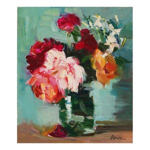 Bouquet of David Austin Roses Original Floral Oil Painting Small Flowers Green Rose Impressionist Still Life Vase Glass Red Pink Bright Bold
