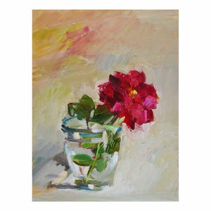 Red Rose in a Glass Vase - Original Floral Oil Painting Impressionist Still Life Paintings Bright Paintings Flowers Flower Small Roses Bold
