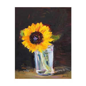 Girassol em um copo - Pintura a óleo floral original Pinturas em vaso de girassol Impressionista Natureza morta amarela Pinturas de flores ousadas em preto