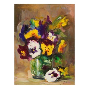 Amores-perfeitos do meu jardim Pintura a óleo floral original Flores Natureza morta impressionista Branco Amarelo Roxo Violeta Viola Amor-perfeito Floral brilhante