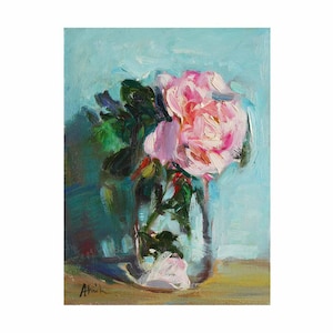 Light Pink English Rose on Blue - Original Floral Oil Painting Paintings Impressionist Flowers Still Life Vase Glass Small Bright Roses Bold
