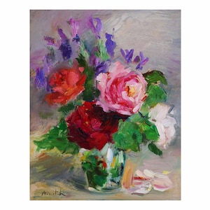 Arranjo floral do meu jardim de primavera, pintura a óleo floral original rosa impressionista pinturas de natureza morta rosa rosas vermelhas lavanda branco