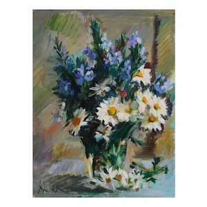 White Daisies and Flowering Rosemary - Original Floral Oil Painting - Impressionist  Still Life Paintings Paintings Blue Small Flowers Vase
