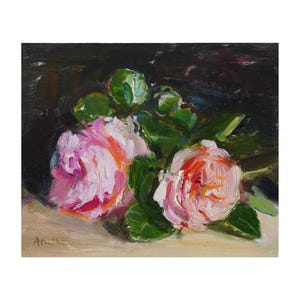 Rosas de jardim - pintura a óleo floral original impressionista rosa pinturas de natureza morta rosa vermelho rosa luz preto brilhante