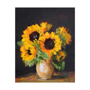 Bouquet of Sunflowers - Original Floral Oil Painting Sunflower Vase Paintings Impressionist Yellow Still Life Bold Flowers Paintings Black