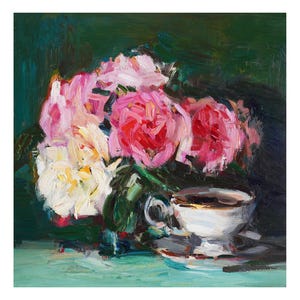 Still Life with Pink and White Garden Roses - Original Floral Oil Painting Impressionist Rose Paintings Flowers Bright Vase Bold Green Cup
