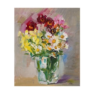 Flores de jardim em vaso de vidro, pintura a óleo floral original, pequenas flores, natureza morta impressionista, flores silvestres amarelas impressionistas pequenas