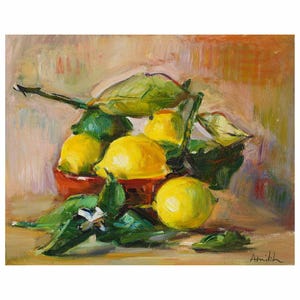 Fresh Spanish Lemons in Clay Bowl Original Oil Painting, Kitchen Still Life Yellow Lemon Realism Bright Impressionist leaves  Paintings Bold