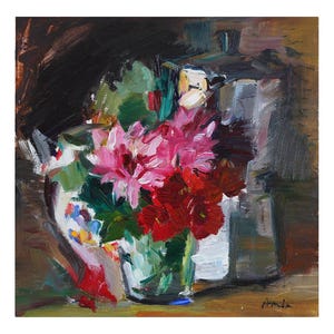 Still Life with Chrysanthemums and Italian Coffee Maker, Original Oil Painting Kitchen Italy Moka Pot Impressionist Chrysanths Mums Pink Red