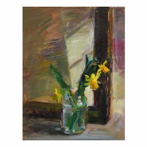 First Daffodils - Original Floral Oil Painting Flower - Impressionist Flowers Yellow Small Little Bright Still Life Vase Paintings Realism
