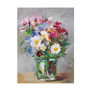 Buquê de flores de jardim - Pintura a óleo floral original Pequenas flores Impressionista Natureza morta Vaso Impressionista Amarelo Vermelho Branco