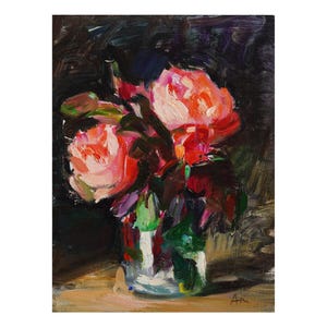 Rosas de jardim, pintura a óleo floral original, flores impressionistas, flores abstratas, pequenas e brilhantes, natureza morta, pinturas em vasos, rosa, preto, arte rosa