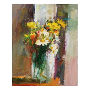 Wildflowers by the Window, Original Floral Oil Painting Flower Impressionist Flowers Wild Flowers Small Bright Still Life White Daisy Yellow