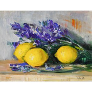 Lemons and Blue Salvia Flowers - Original Oil Painting - Kitchen Still Life Yellow Lemon Realism Art Table Bright Impressionist Bold Floral