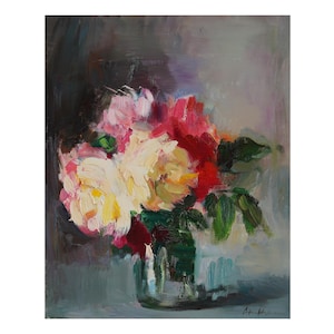 Rosas de jardim impressionistas, pintura a óleo floral original rosa impressionista brilhante pinturas de natureza morta rosa branco ousado buquê cinza claro