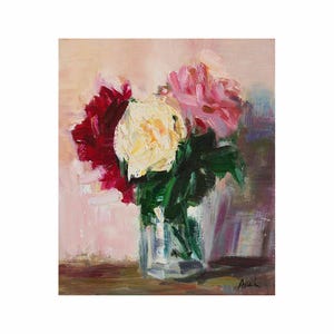 Still Life with White English Rose - Original Floral Oil Painting Small Flowers Roses Impressionist Vase Glass Pink Bright Bold Paintings