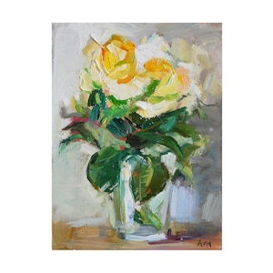 Rosas de jardim em vaso de vidro, pintura a óleo floral original, flores impressionistas, pinturas de natureza morta brilhantes, rosas abstratas, brancas e ousadas