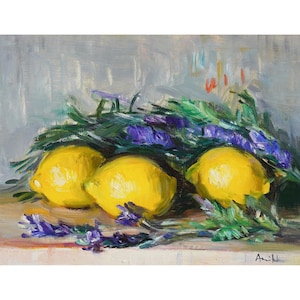 Três limões, alecrim e lavanda de jardim - pintura a óleo original, natureza morta de cozinha, flores de limão amarelo, impressionista brilhante, floral ousado