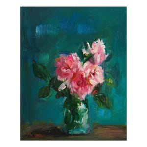 Coral Pink English Roses on Turquoise Green, Original Floral Oil Painting Flower Impressionist Flowers Rose Still Life Paintings Bright Blue