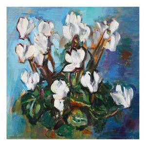 Flores de ciclâmen branco, pintura a óleo original natureza morta pinturas impressionistas pequenas ciclâmens azuis impressionistas florais 8x8 brilhantes e ousados